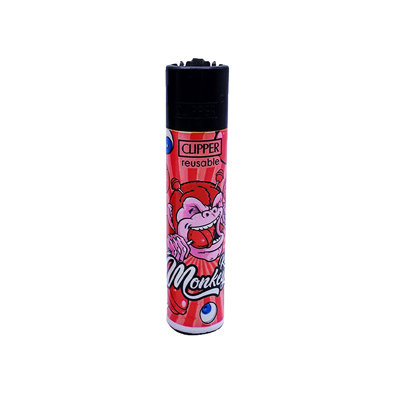 Red Lolly Pop Monkey King Clipper Lighter that is reusable and refillable and comes with a packing tool