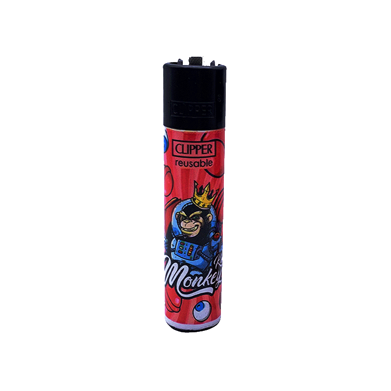 Red Monkey King Clipper Lighter that is reusable and refillable and comes with a packing tool