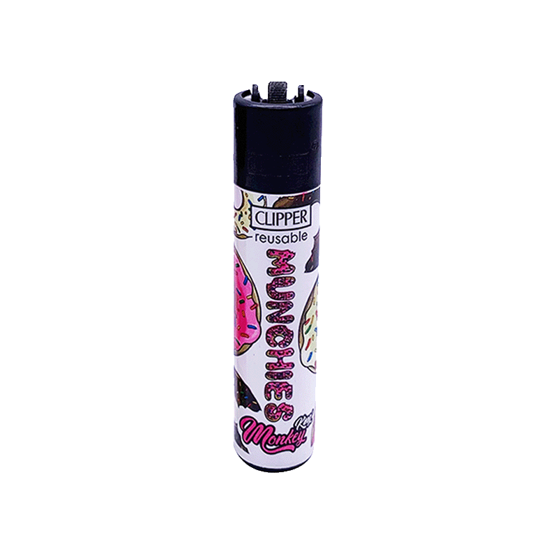 White Munchies Clipper Lighter that is reusable and refillable and comes with a packing tool