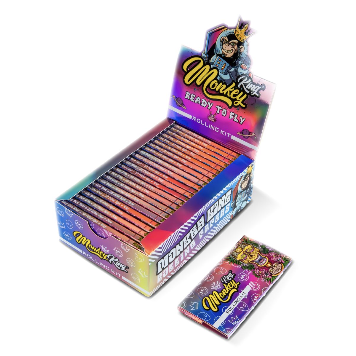 Monkey King Papers, Tips & Rolling Kit: Magnetic Ready to Fly - King Size Unbleached (Box of 24)